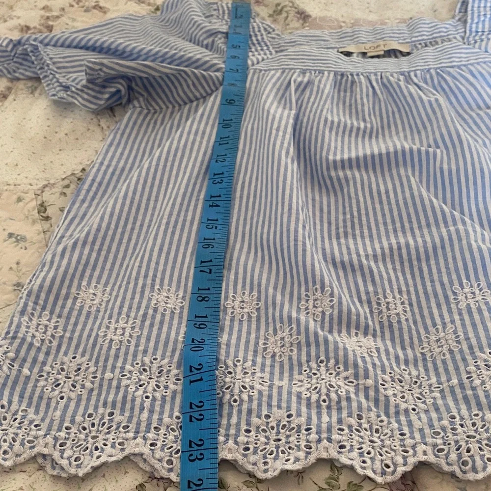 LOFT Blue White Stripe Eyelet Embroidered Square Neck Puff Sleeve Cotton Top S